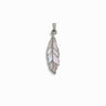 The Mother of Pearl Feather Amulet by Awe Inspired is a silver feather-shaped pendant with mother-of-pearl inlay, believed to harness Athena's power as an amulet.