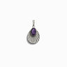 Introducing the Awe Inspired Aura Pendant: a stunning silver pendant featuring a polished purple gemstone set in the center, designed in a tear-drop shape with an elegant ridged pattern. Perfect for aligning your chakras and enhancing your aura.