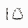 A pair of silver, twisted Triangle Hoop Earrings by Awe Inspired is shown. One earring is displayed from the side, and the other from the front, both against a white background.